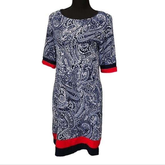Karin Stevens Navy Blue Floral Shift Dress 95% Polyester 5% Spandex Size 10 - Picture 1 of 8